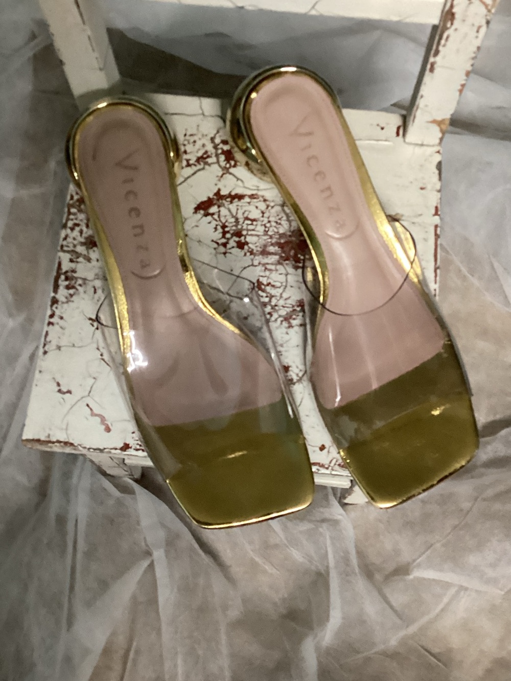 Vicenza Gold Clear Slide Mules for Women With Hour Glass Heels Size 9